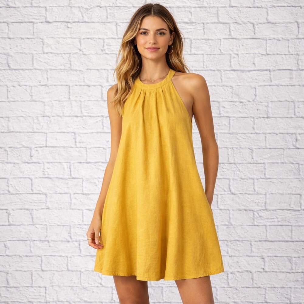 NWT Promesa Mustard Linen Blend Halter‎ Swing Dress A-Line Mini Pockets SZ L
